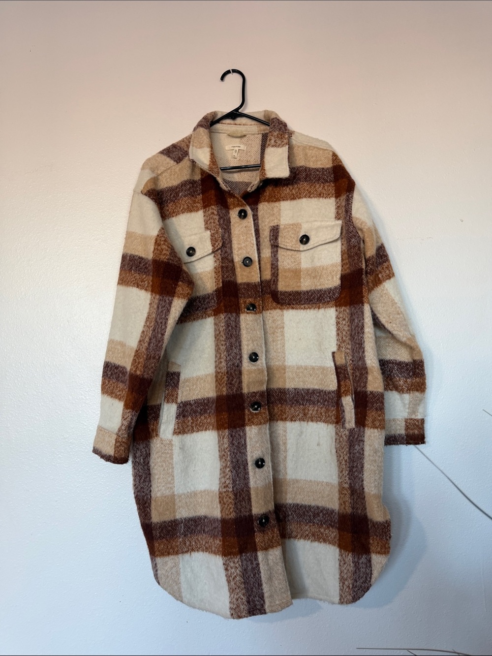 Maurices Cream and Brown Plaid Teddy Shacket